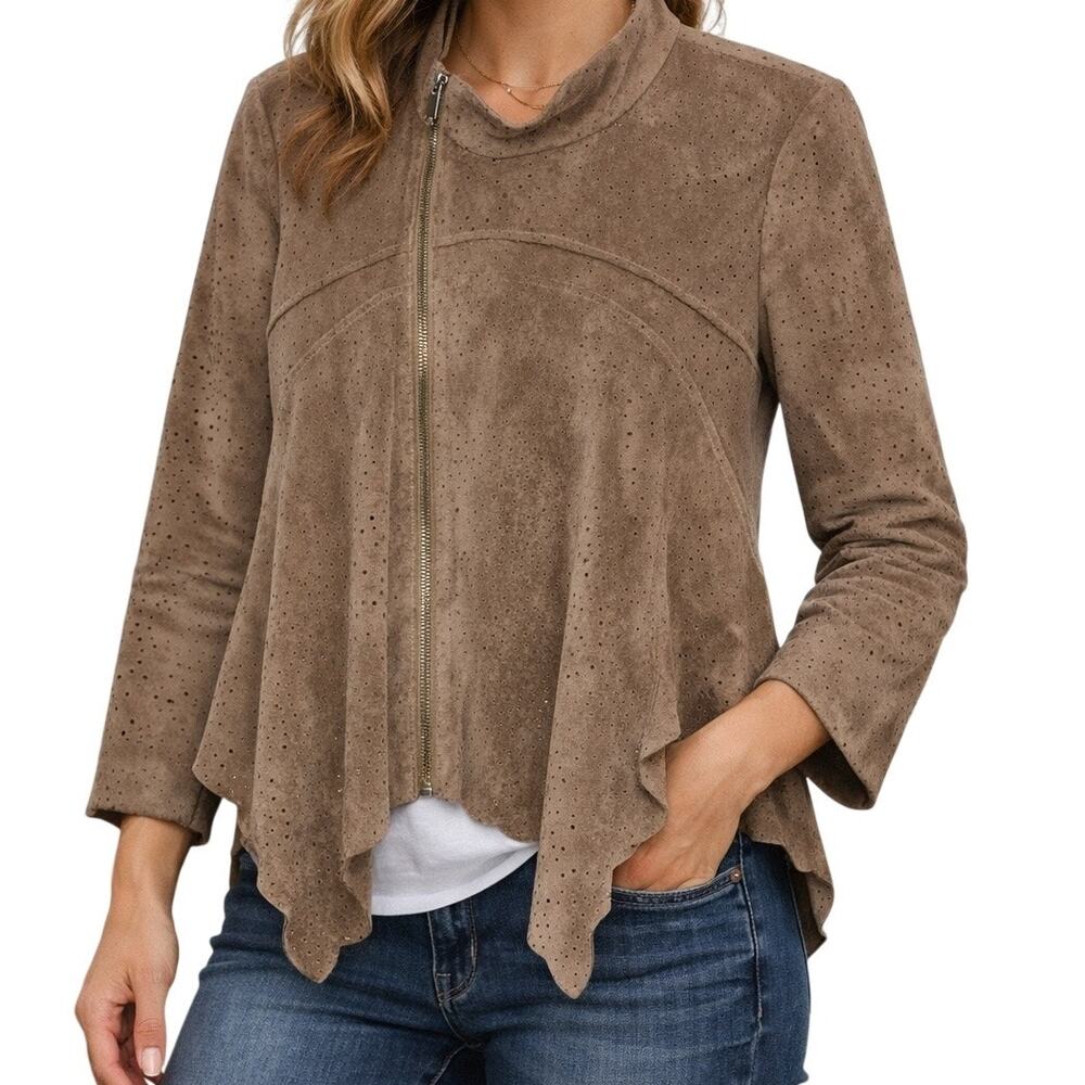 BCBGMAXAZRIA Mocha Faux Suede Zip Jacket XS Asymmetrical Boho